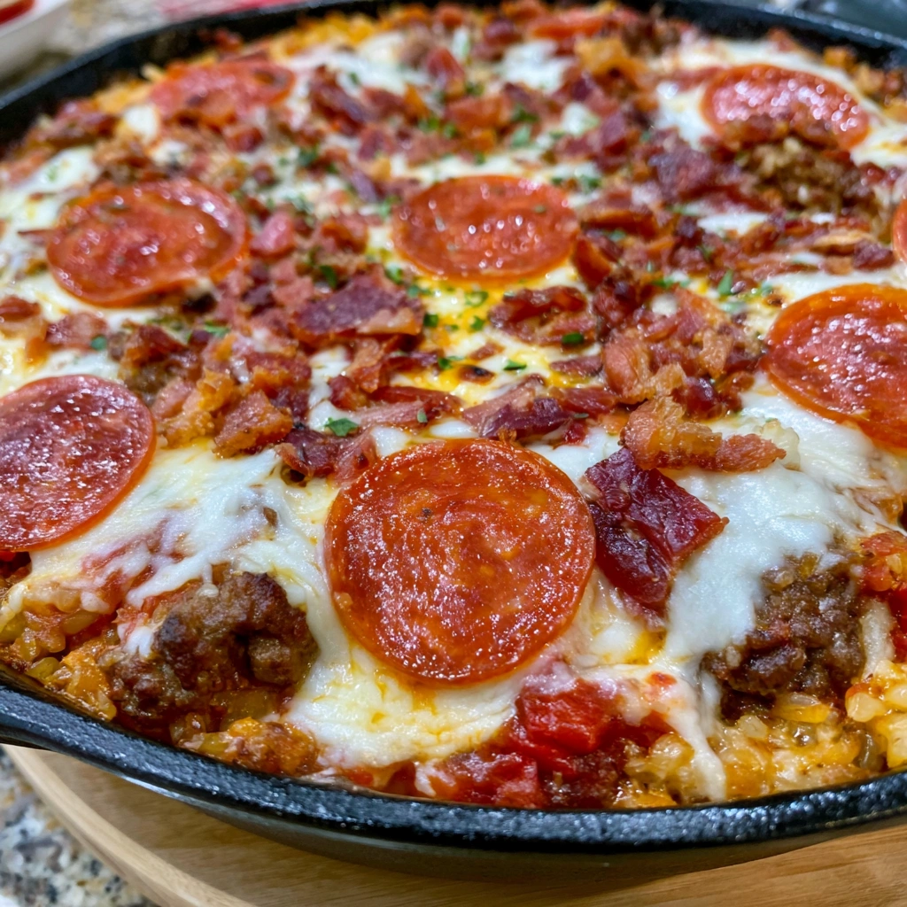 A close up of a Meat Lover's Pizza Rice Skillet.