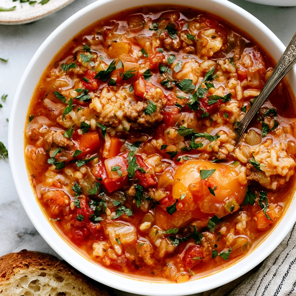 A bowl of stuffed pepper soup with a spoon in it.