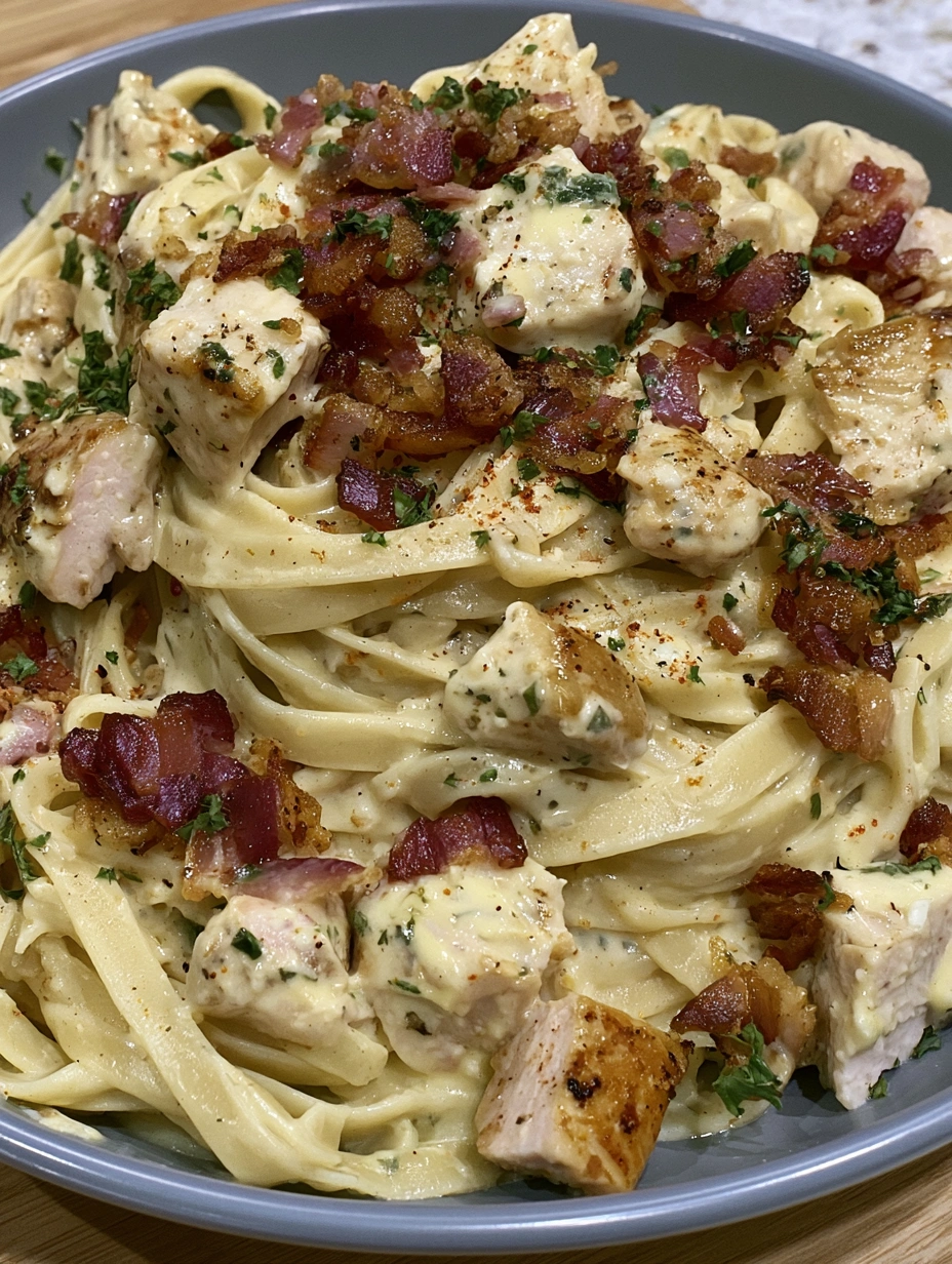 A delicious creamy chicken bacon alfredo.