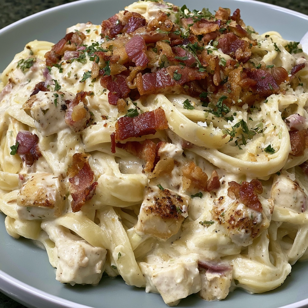 A plate of creamy chicken bacon alfredo.