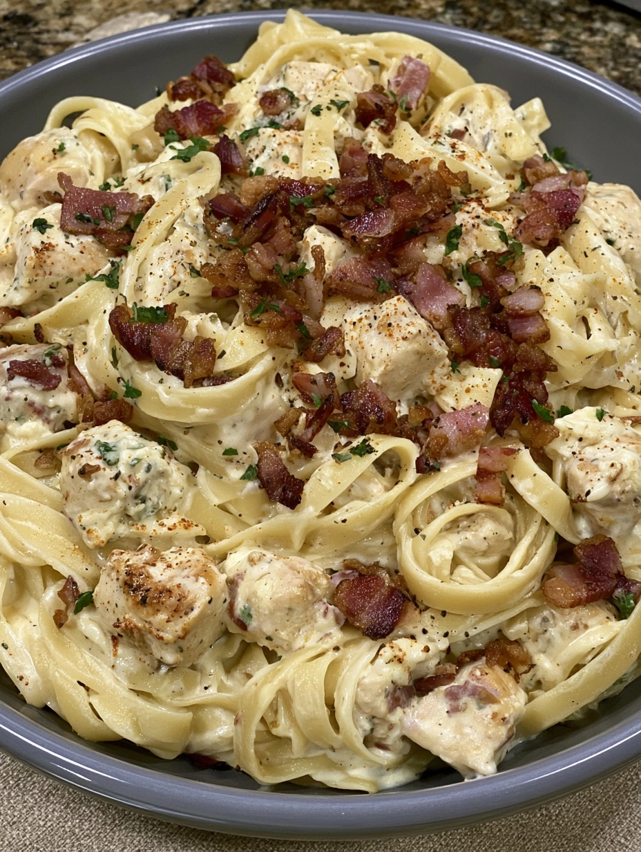 A bowl of creamy chicken bacon alfredo.