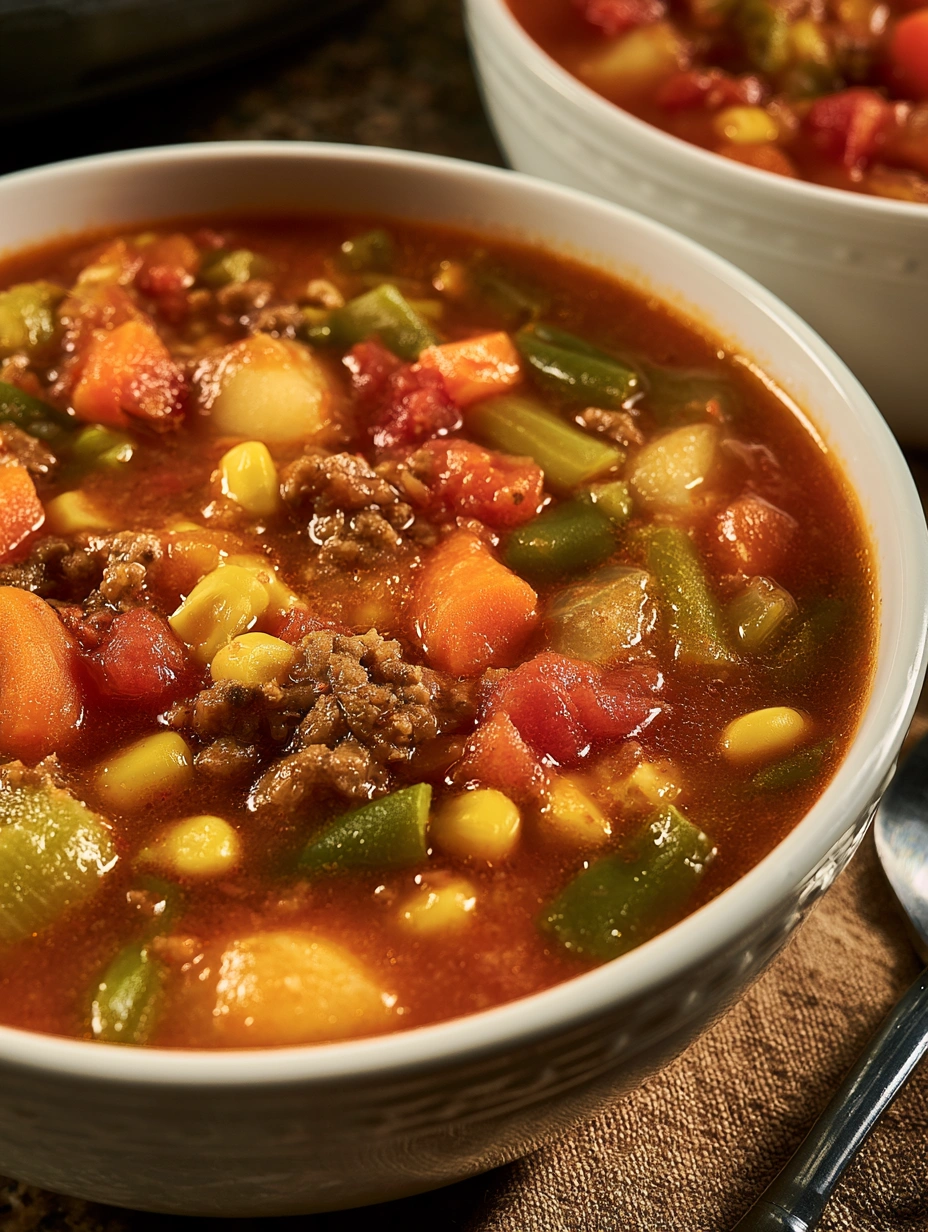 A bowl of soup with meat and vegetables.