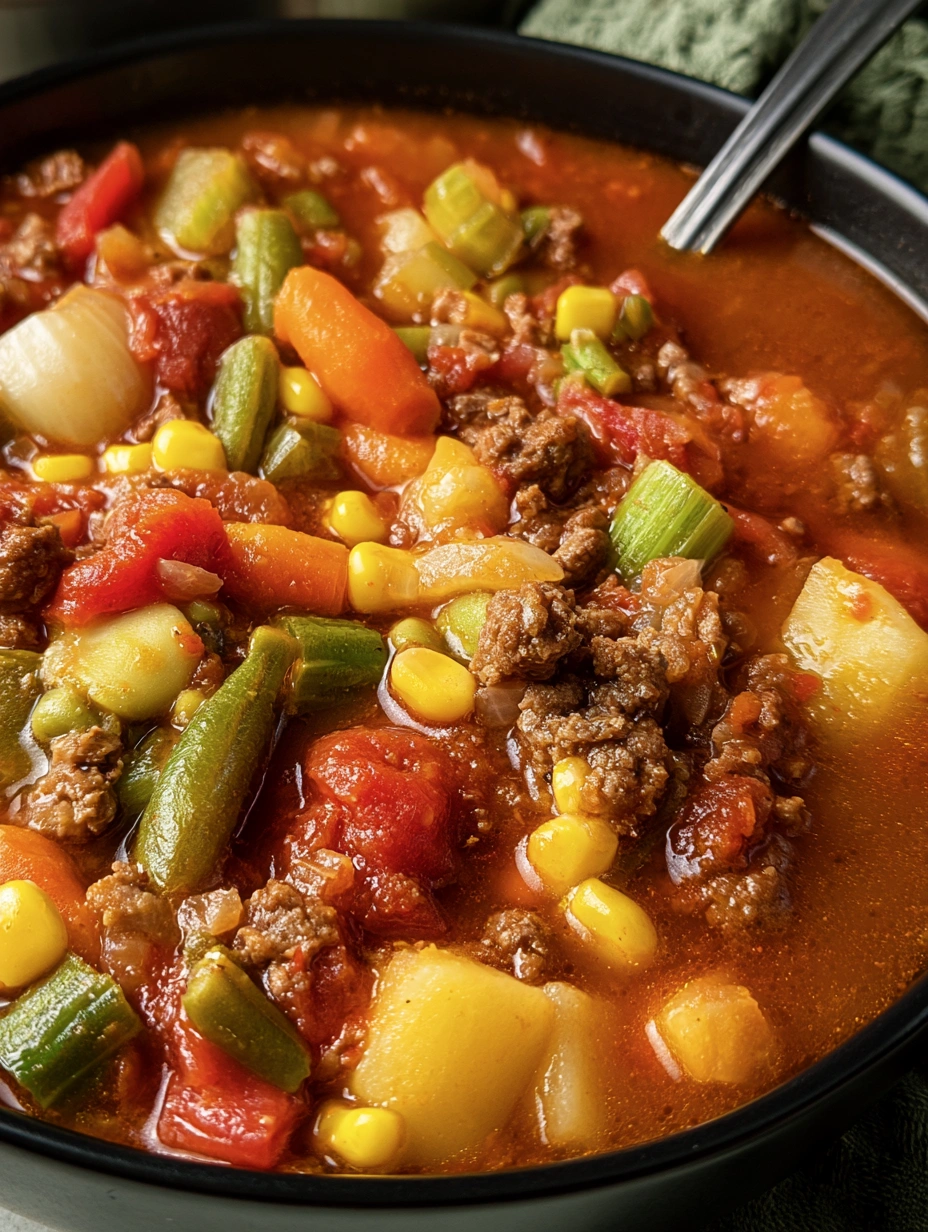 A bowl of soup with meat and vegetables.