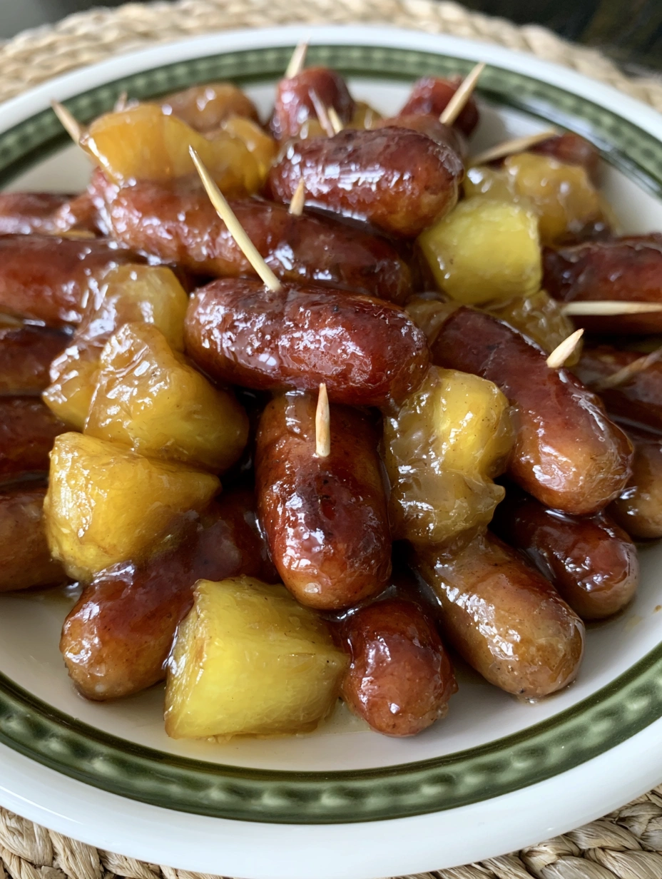 A plate of pineapple brown sugar lil smokies.