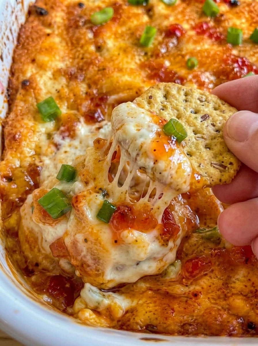 A hand is holding a chip with cheese and pepper jelly.
