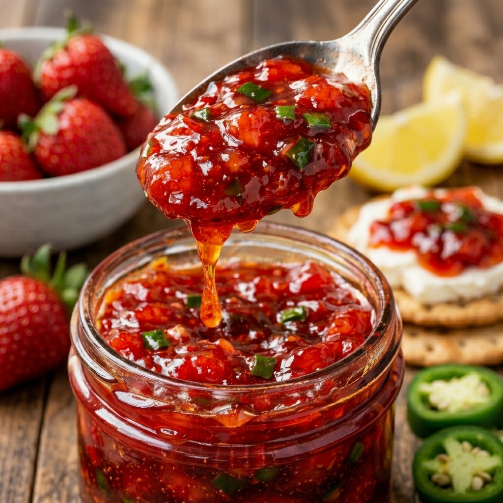 A jar of Sweet Heat Strawberry Jalapeño Jam being poured into a bowl.