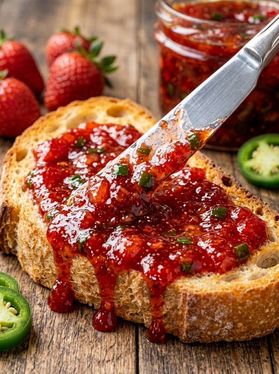 A knife is cutting into a slice of bread with jam on it.