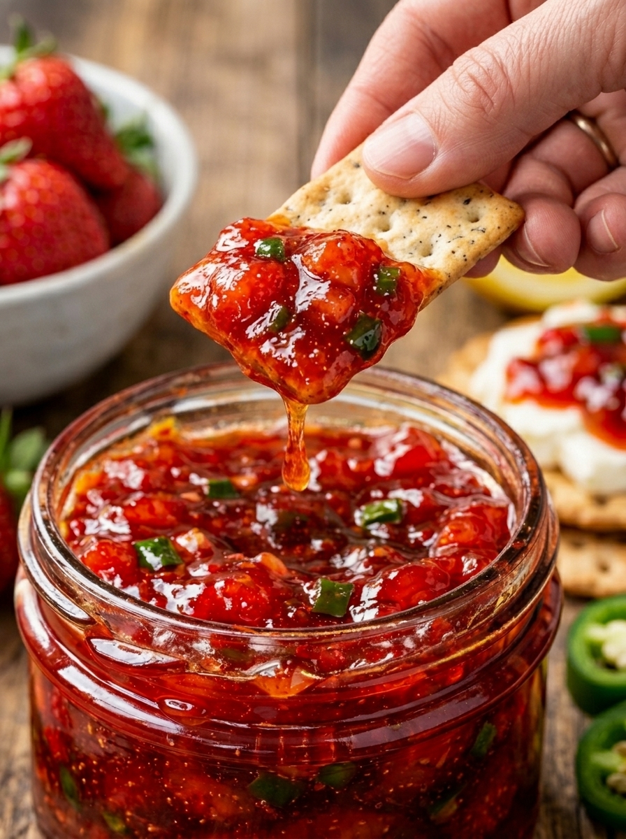 A hand is dipping a cracker into a jar of Sweet Heat Strawberry Jalapeño Jam.