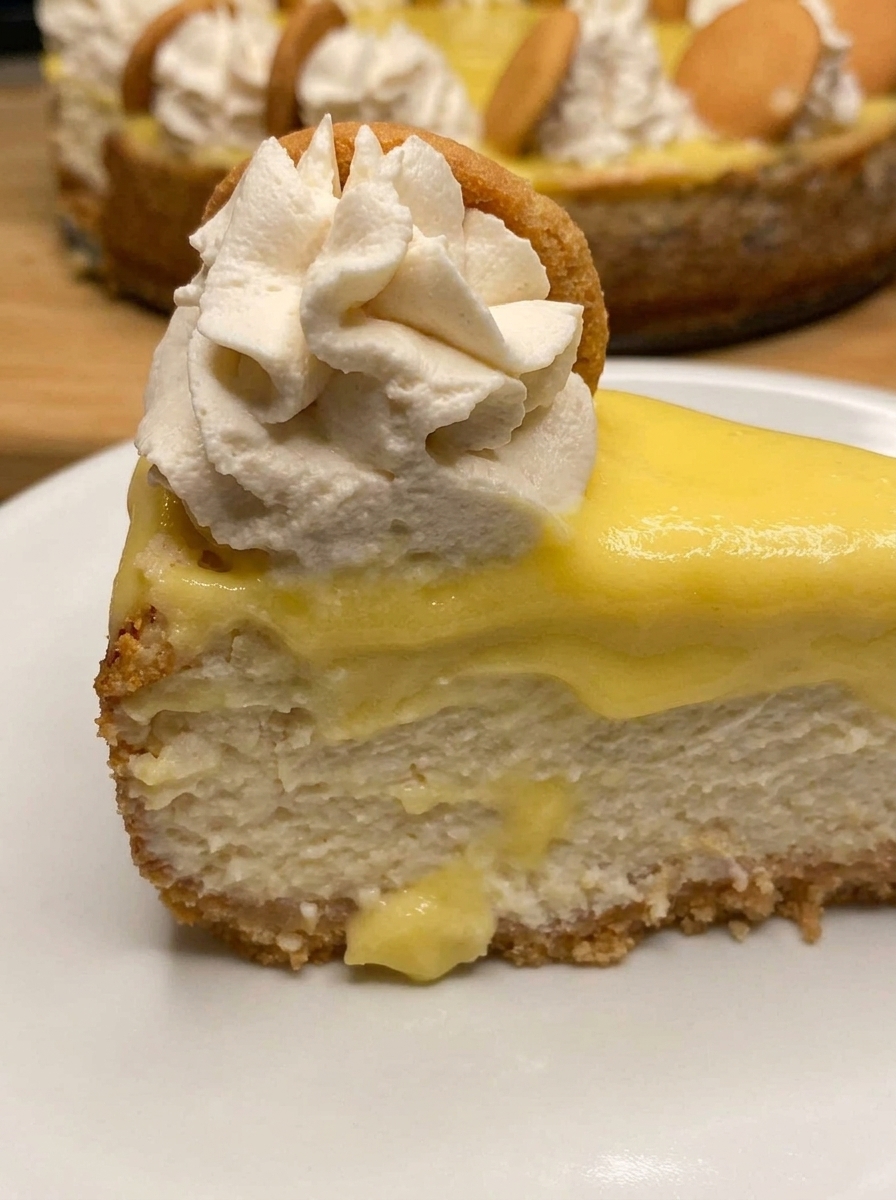 A slice of banana pudding cheesecake with whipped cream on top.