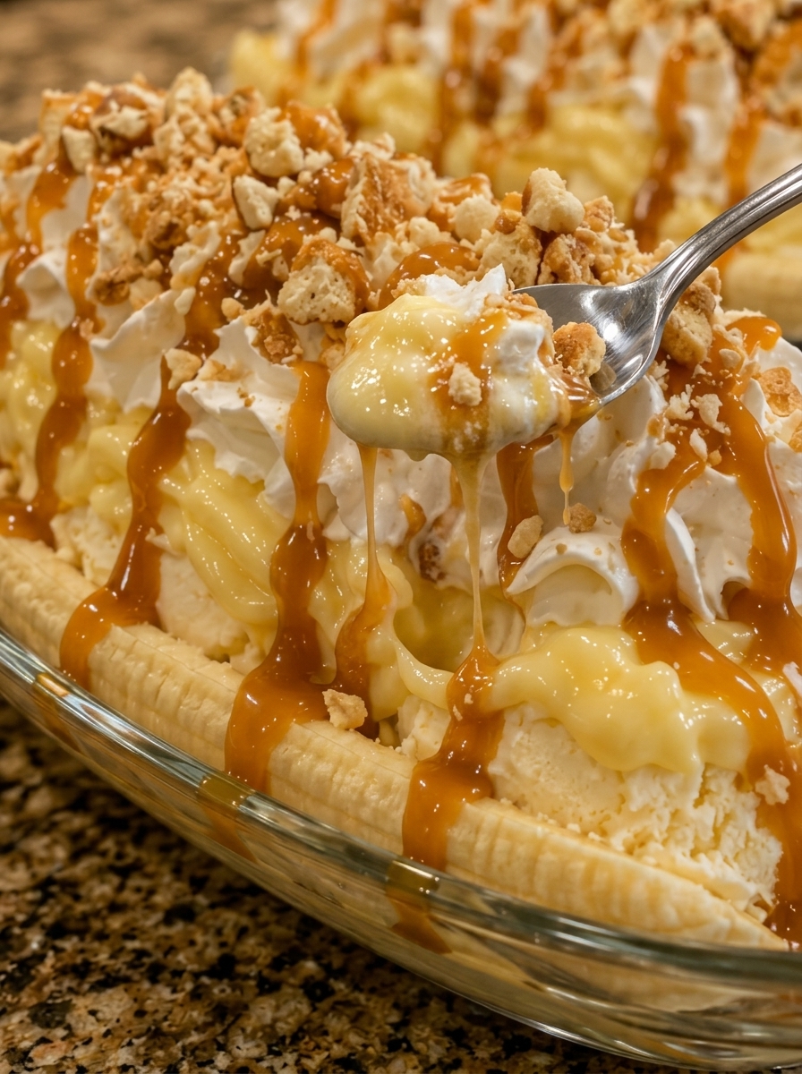 A banana split with caramel sauce drizzled on top.