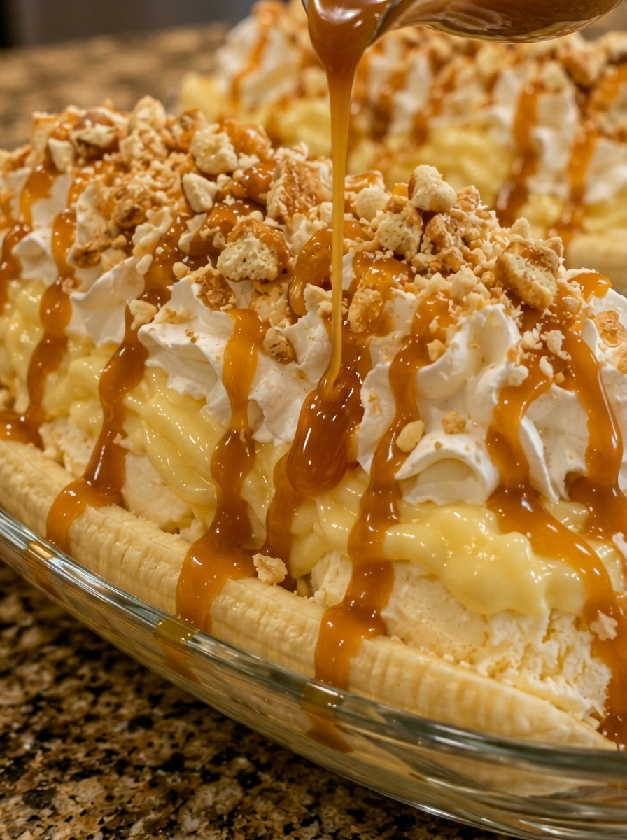A banana split with caramel sauce drizzled on top.
