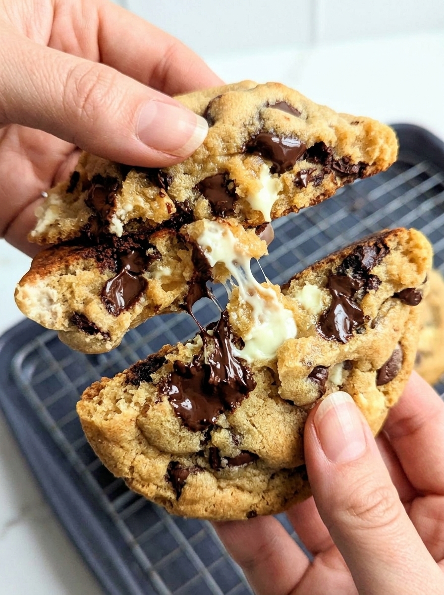 A person is holding a piece of a triple chocolate chip cookie.