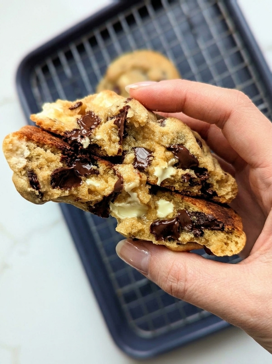 A person holding a piece of a triple chocolate chip cookie.