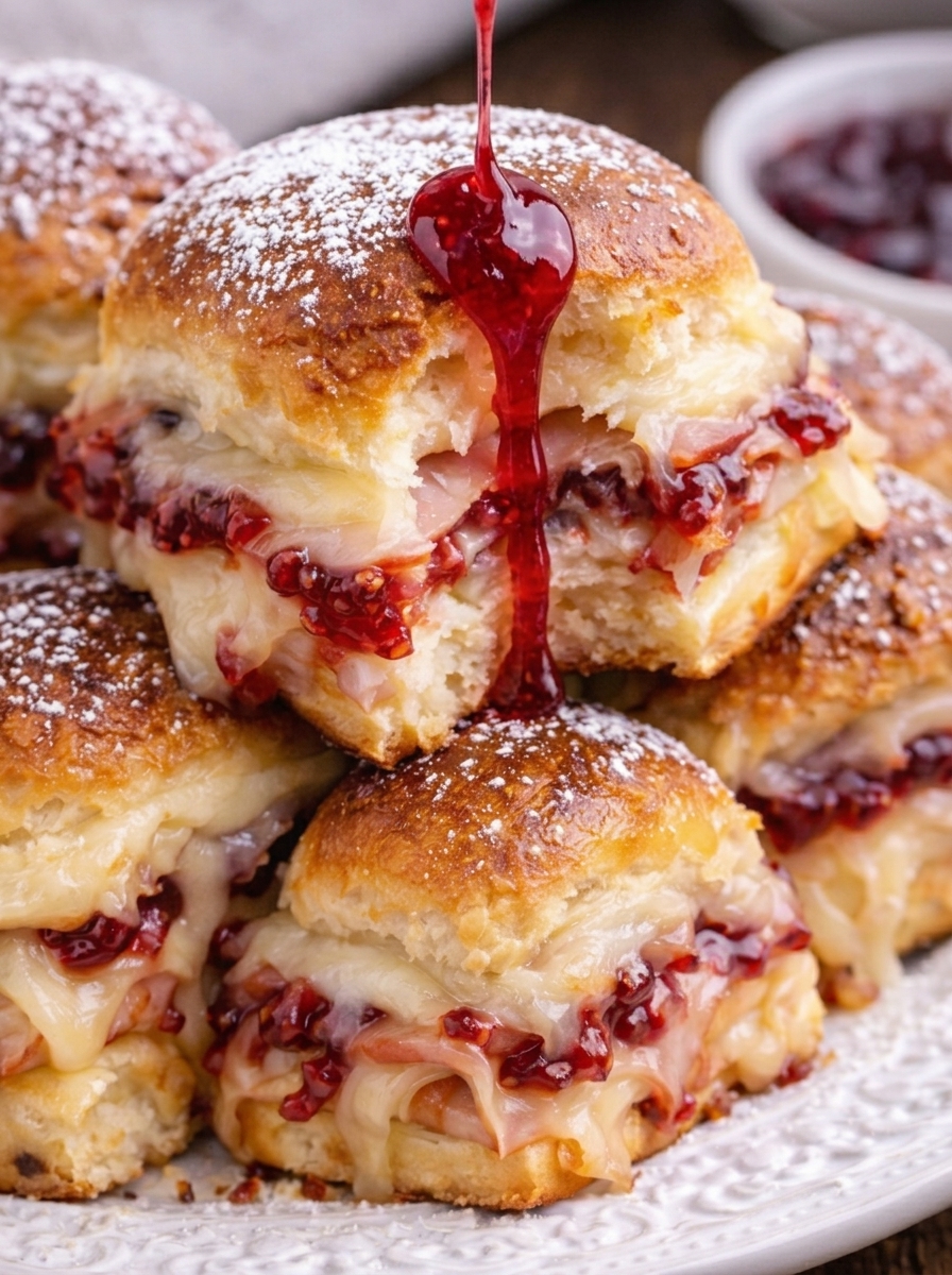 A stack of Monte Cristo sliders with jelly dripping off.