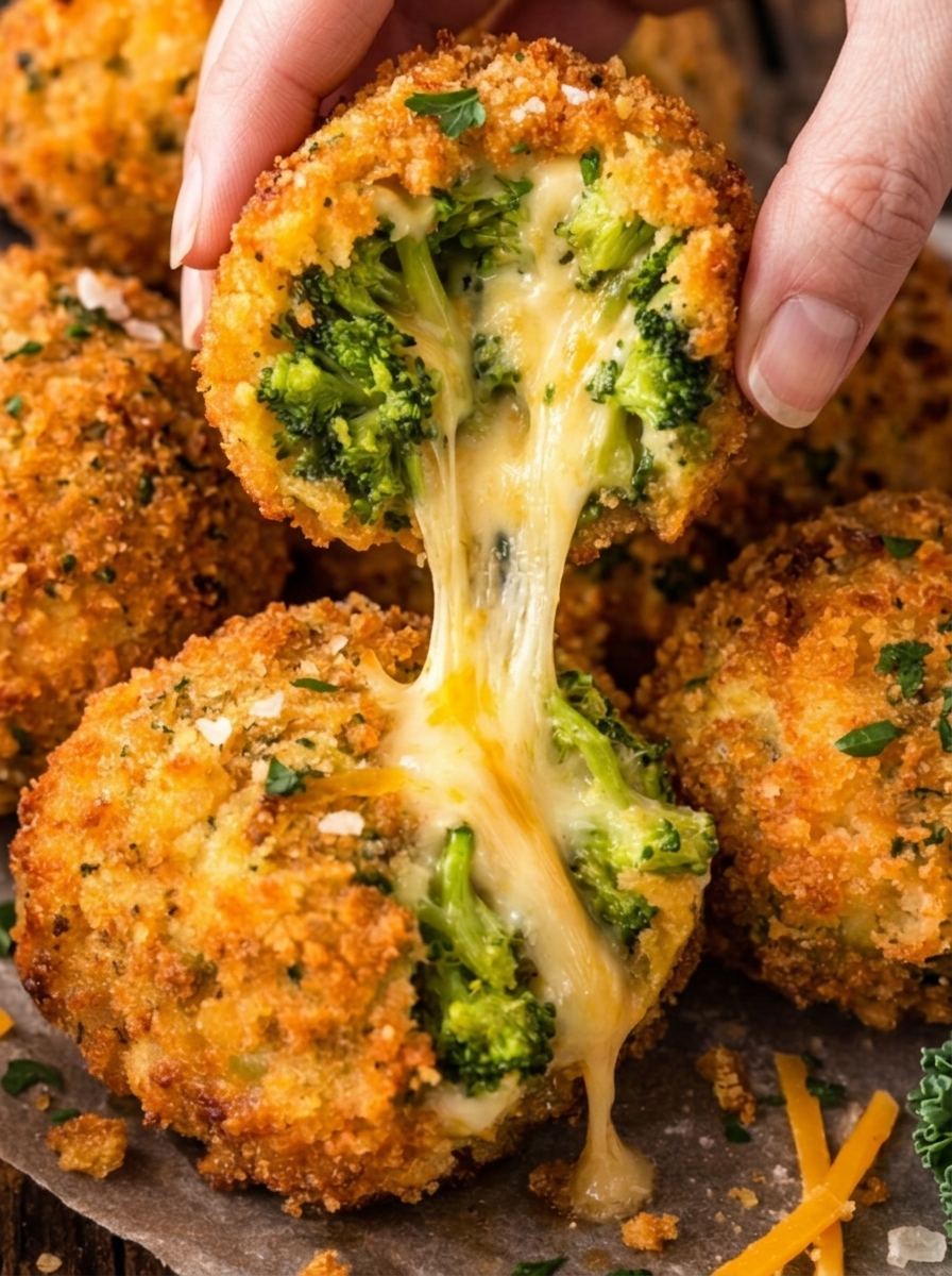 A hand holding a piece of cheesy broccoli.