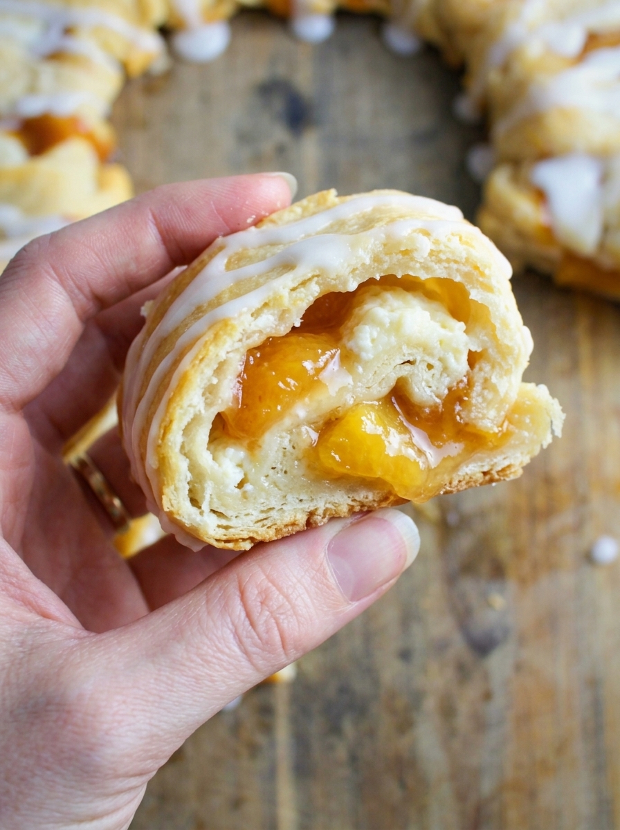 A person holding a pastry with a caramel apple filling.