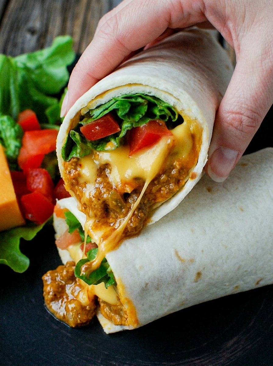 A hand holding a burrito with cheese and tomatoes.