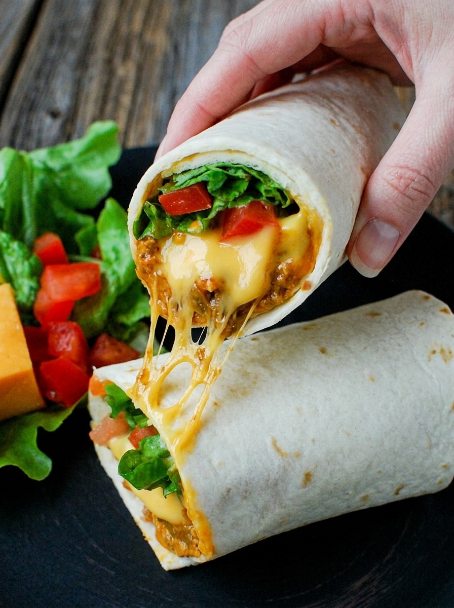 A person is holding a burrito with cheese and tomatoes.
