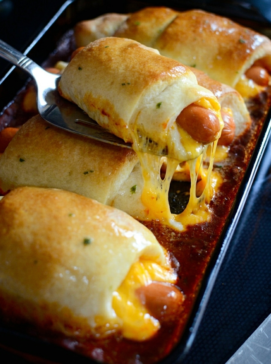 A chili cheese dog bake with a fork sticking out of it.