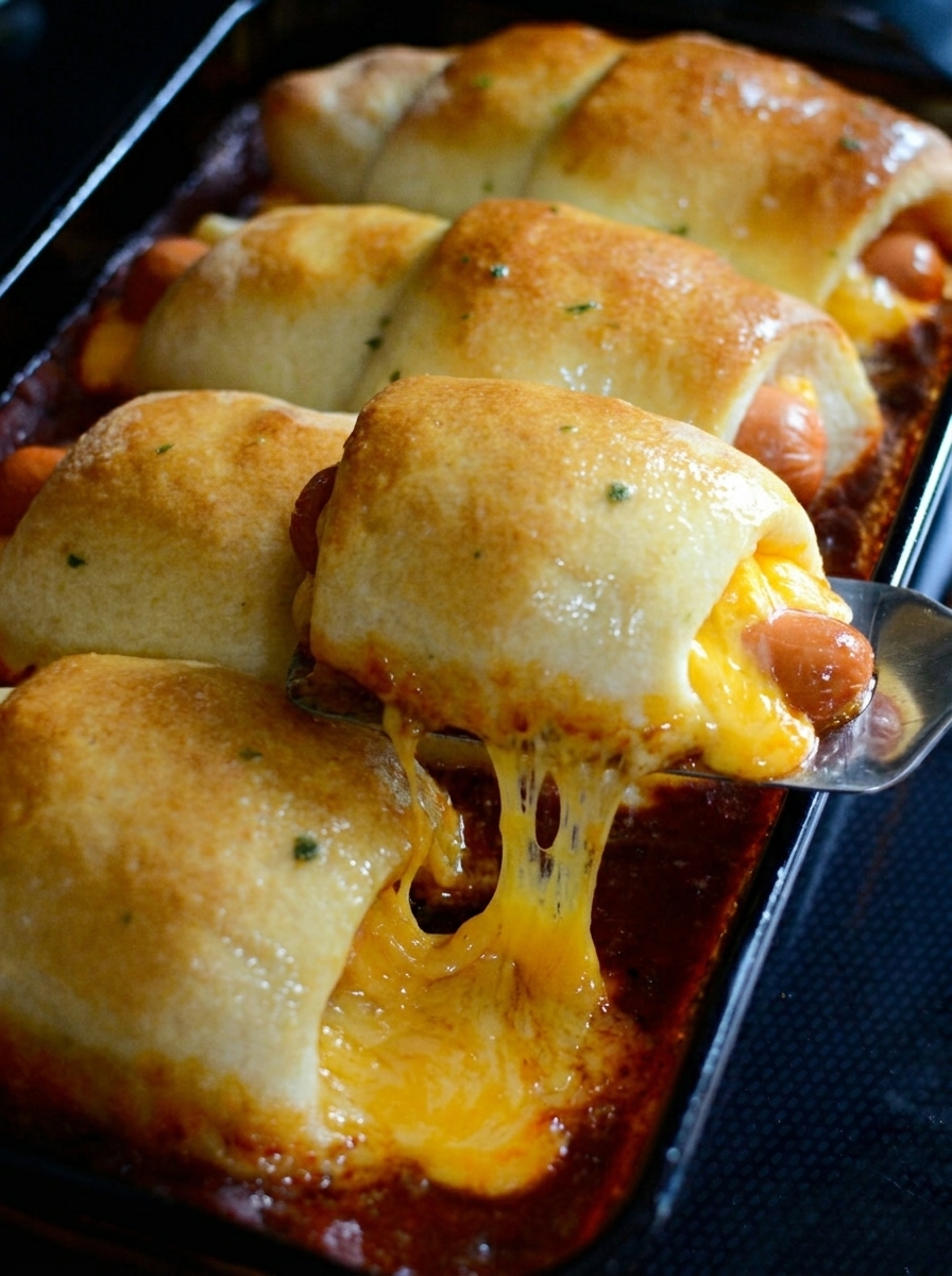 A chili cheese dog bake with a spatula in it.