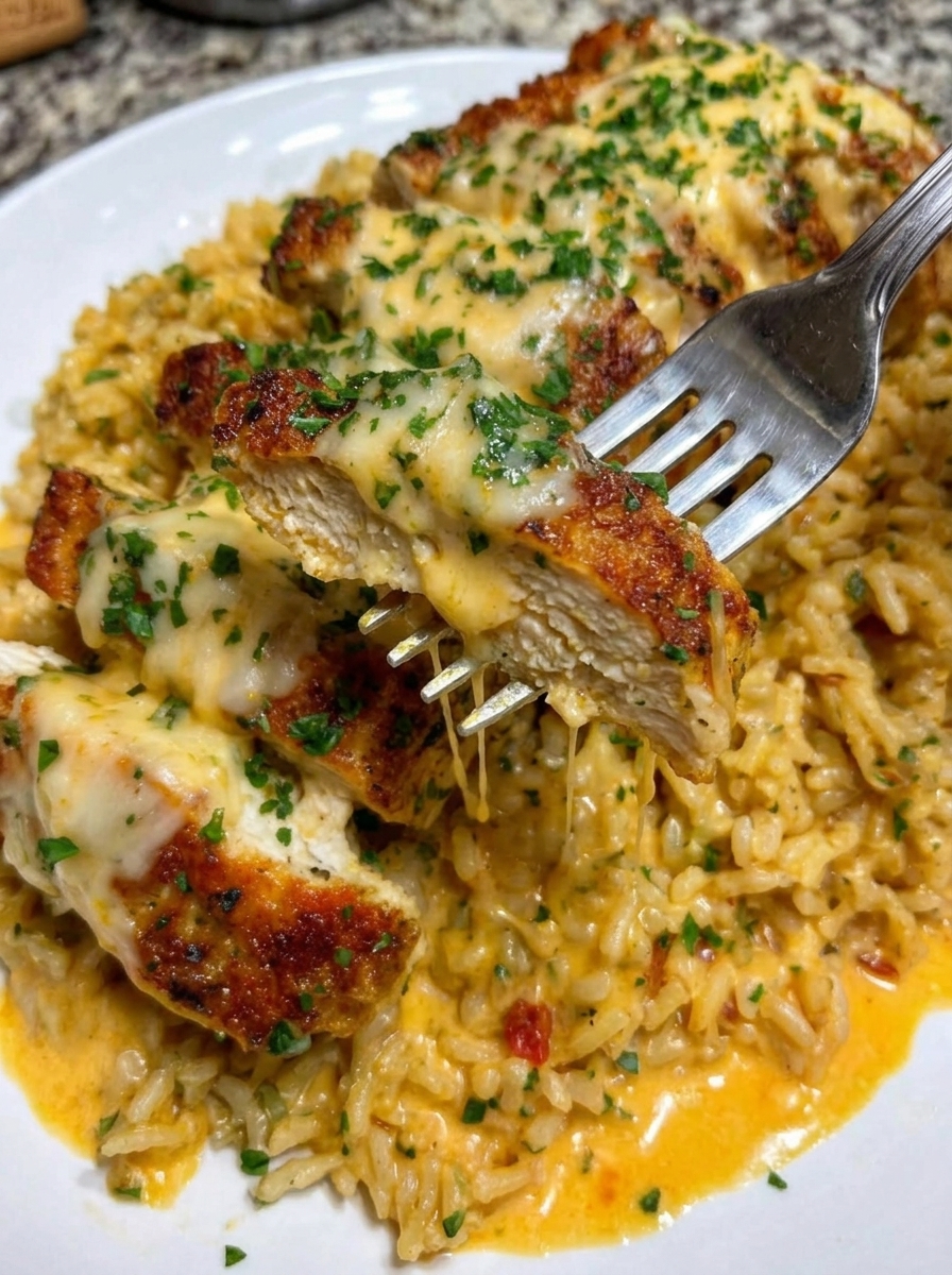 A plate of garlic butter chicken with cajun cheesy rice.