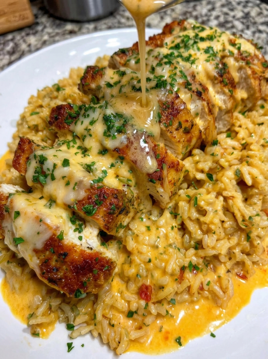 A plate of garlic butter chicken and rice.