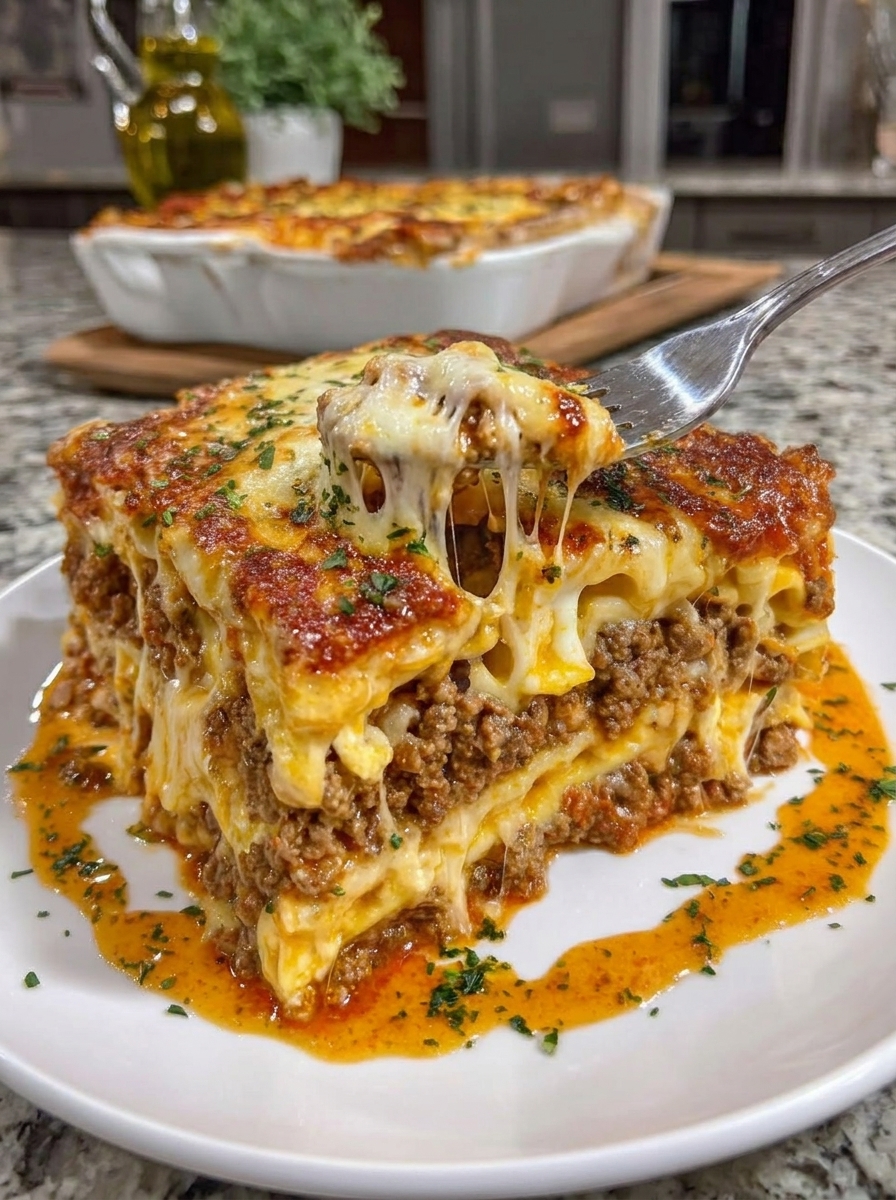 A close up of a cheesy beef lasagna.