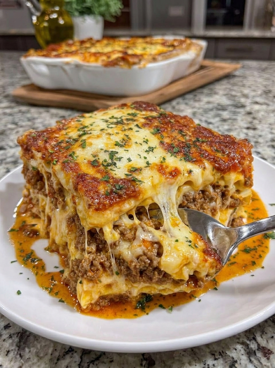 A slice of cheesy beef lasagna on a plate.