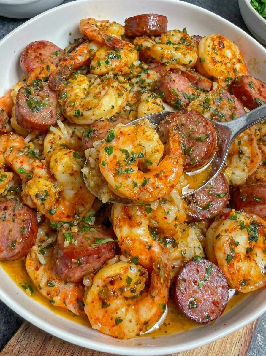 A bowl of Cajun Garlic Butter Shrimp and Sausage Rice.
