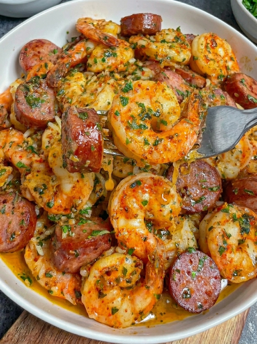 A bowl of Cajun Garlic Butter Shrimp and Sausage Rice.