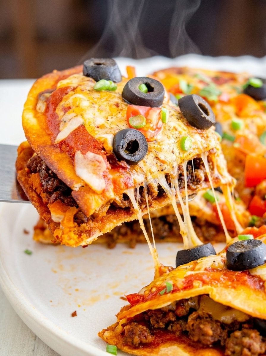 A slice of pizza with olives and tomatoes.