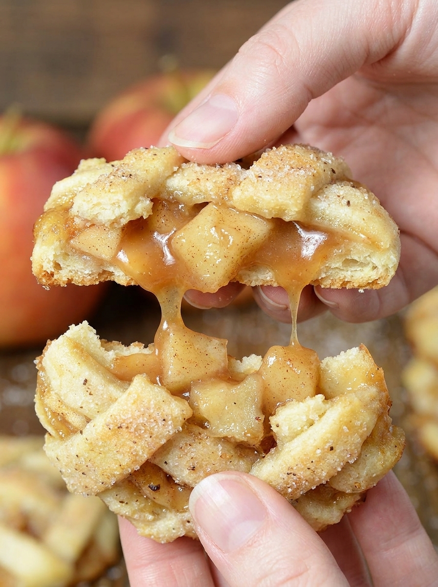 A person is holding a half eaten apple pie cookie.