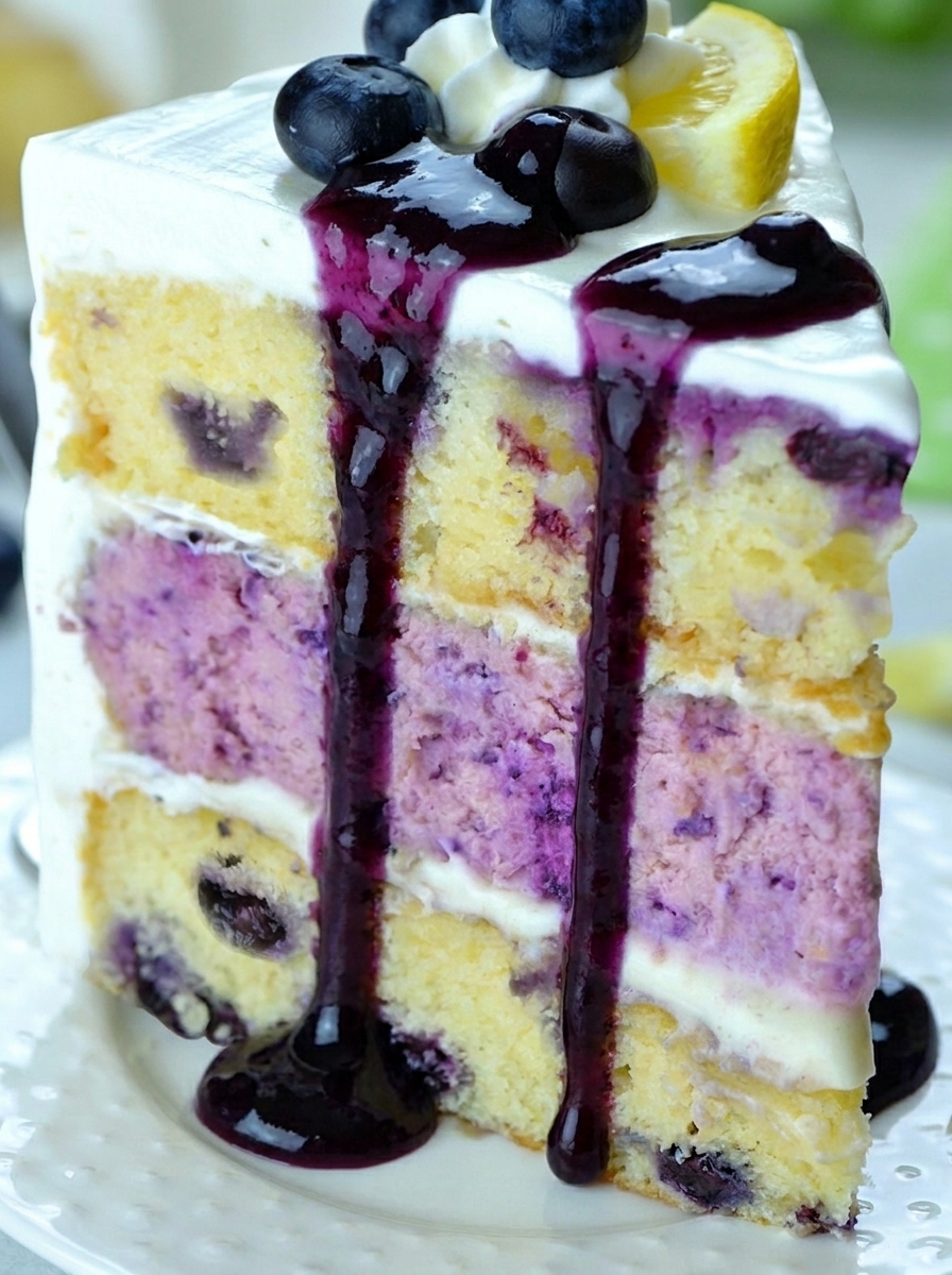 A slice of lemon blueberry cheesecake cake.