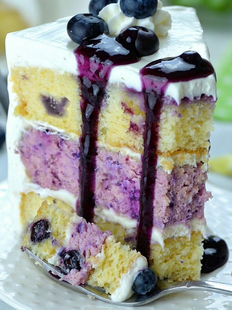 A slice of lemon blueberry cheesecake cake.