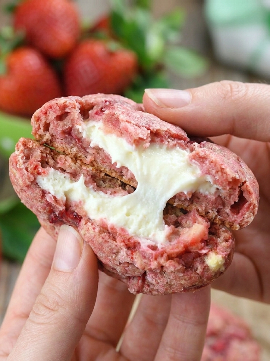 A person is holding a piece of strawberry cheesecake cookie.