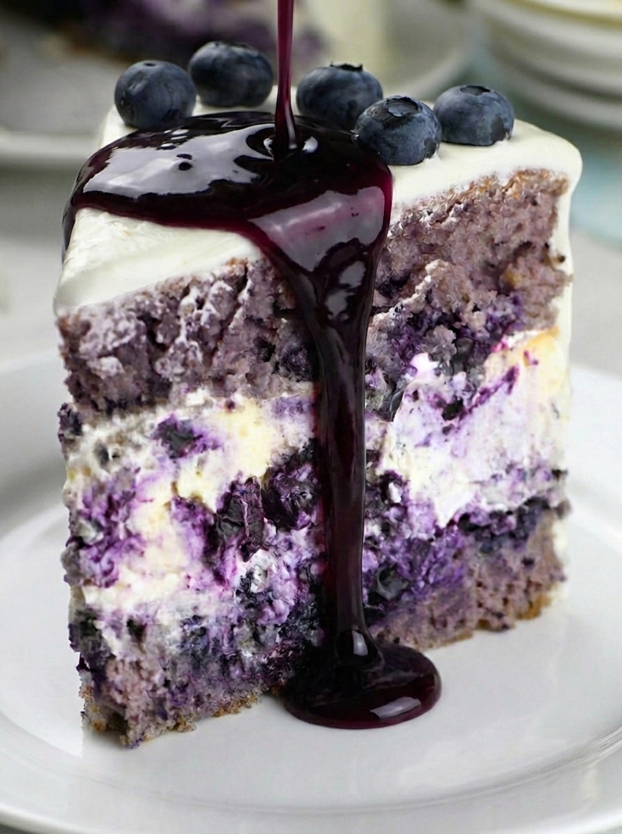 A slice of blueberry cheesecake cake with a purple sauce drizzled on top.