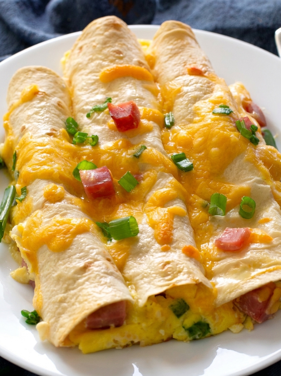 Breakfast enchiladas with cheese and tomatoes.