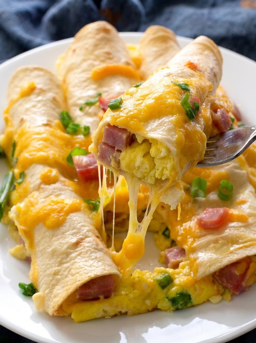 A plate of breakfast enchiladas with cheese and tomatoes.