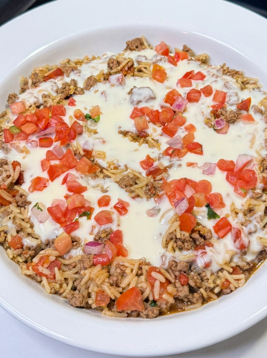 A plate of food with rice, meat, and tomatoes.
