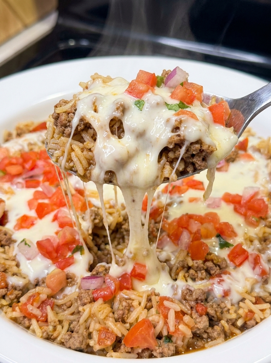 A fork is in a bowl of rice, cheese, and tomatoes.
