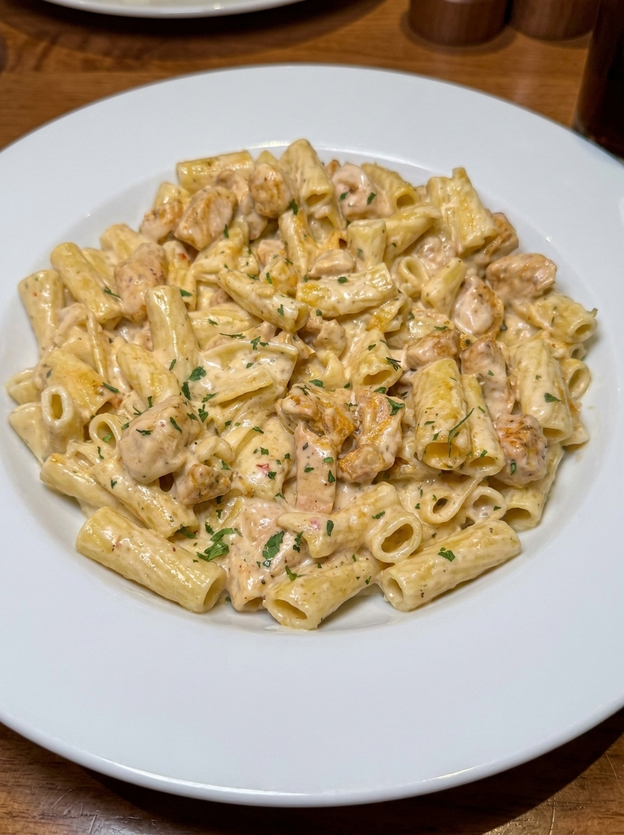 A plate of garlic Parmesan chicken pasta.