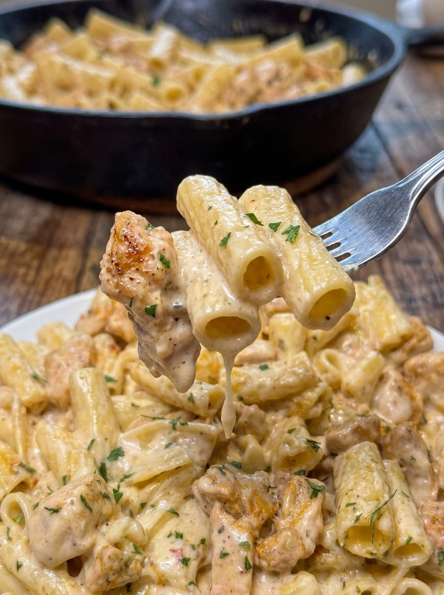 A fork is being used to eat a plate of garlic Parmesan chicken pasta.