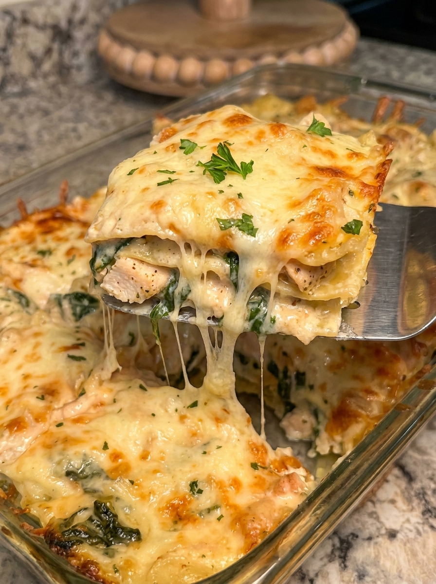 A fork is being used to eat a piece of chicken Alfredo lasagna.