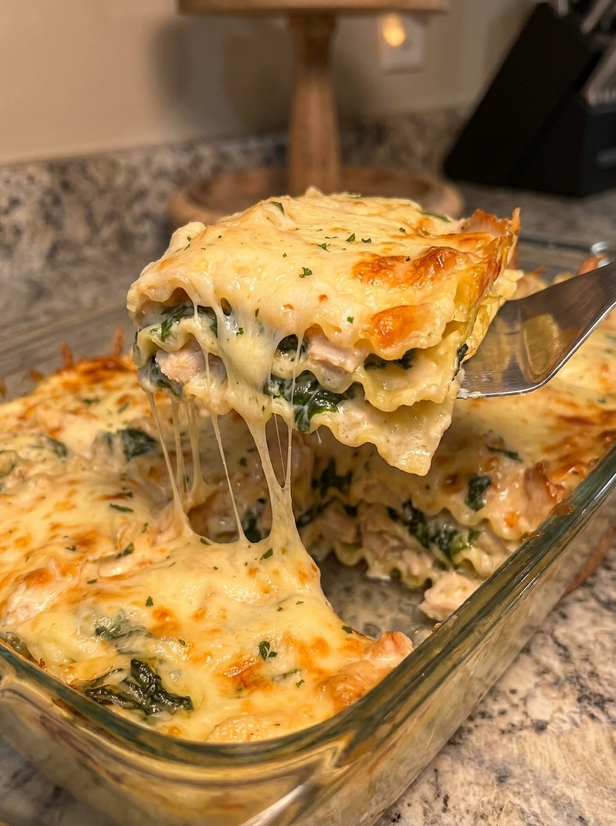A slice of chicken Alfredo lasagna.