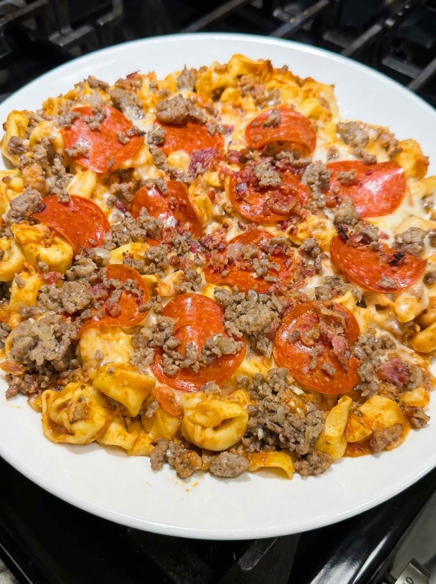 A plate of meat lovers pizza tortellini.