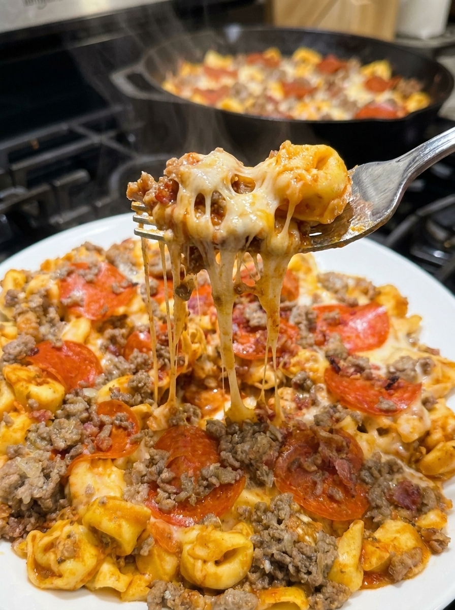 A fork is being used to eat a slice of meat lovers pizza tortellini.