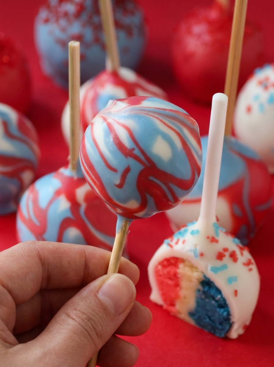 A person holding a red, white and blue cake pop.