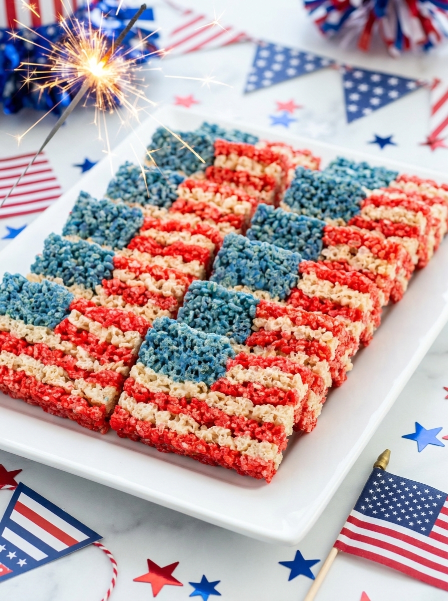 A plate of rice krispie treats in the shape of an american flag.