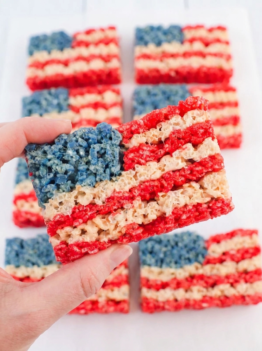 A hand holding a Rice Krispie treat with a red, white and blue design.