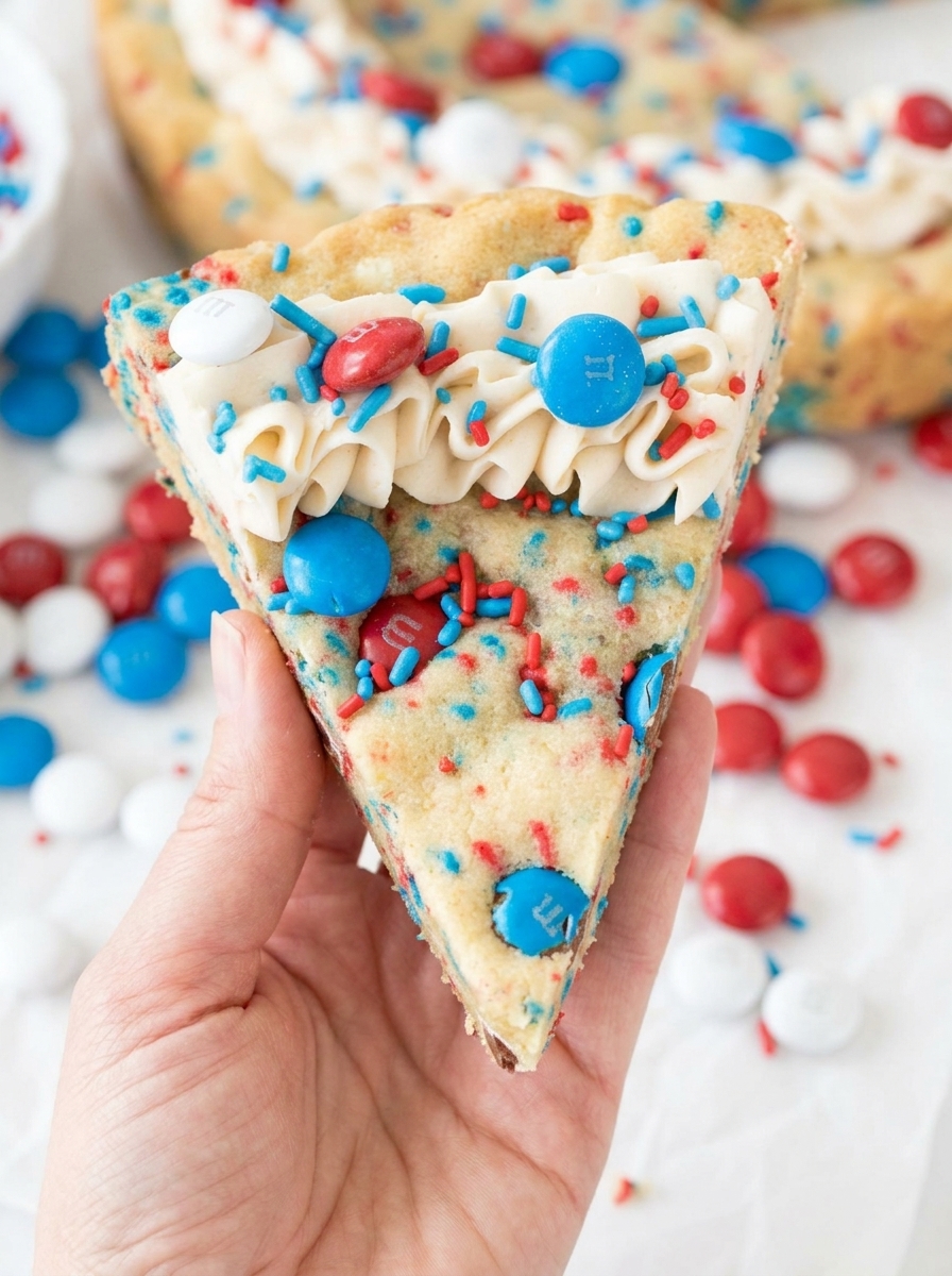 A slice of a sugar cookie cake with blue, red, and white icing.
